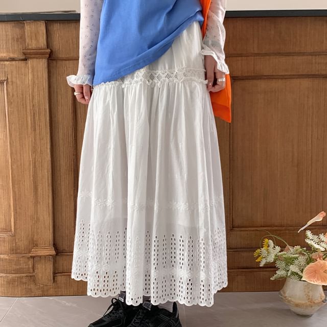 High Waist Perforated Plain Maxi A-Line Skirt