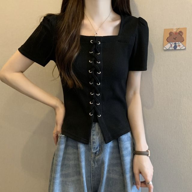 Short-Sleeve Square Neck Lace-Up Plain Knit Top