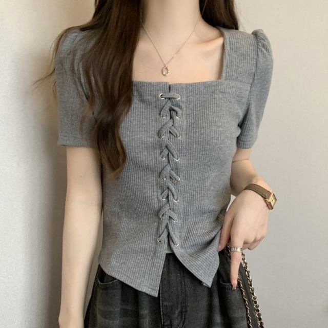 Short-Sleeve Square Neck Lace-Up Plain Knit Top