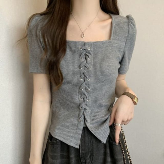 Short-Sleeve Square Neck Lace-Up Plain Knit Top