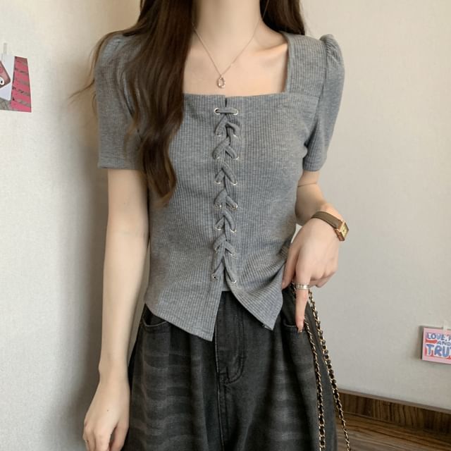 Short-Sleeve Square Neck Lace-Up Plain Knit Top