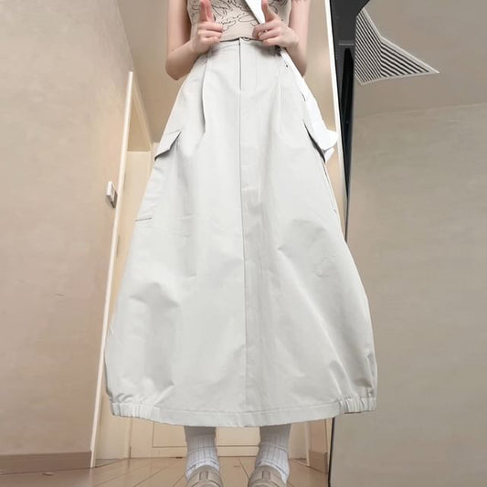 High Waist Cargo Plain Maxi A-Line Skirt