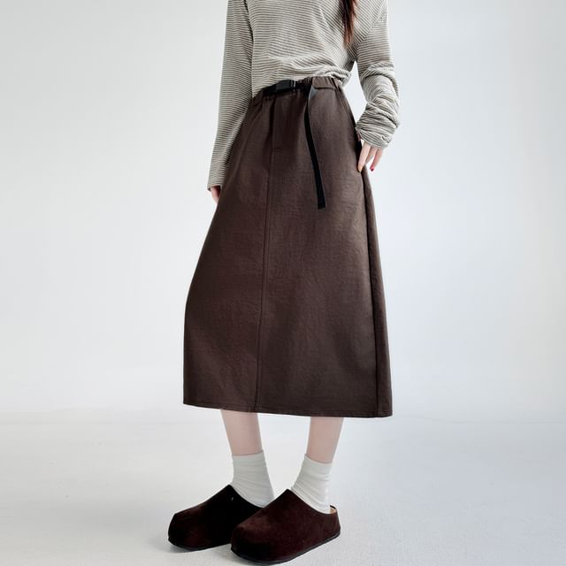 Mid Waist Plain Midi A-Line Skirt