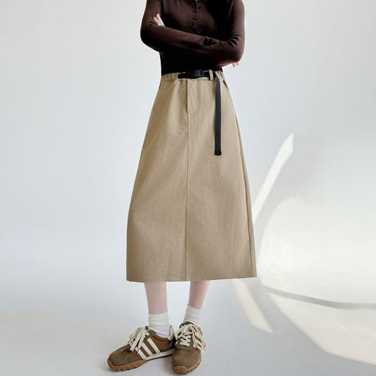 Mid Waist Plain Midi A-Line Skirt