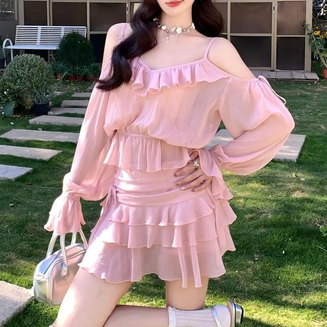 Set: Long-Sleeve V-Neck Cold Shoulder Plain Top + Mini Skirt