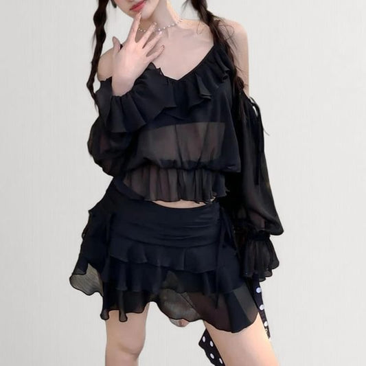 Set: Long-Sleeve V-Neck Cold Shoulder Plain Top + Mini Skirt