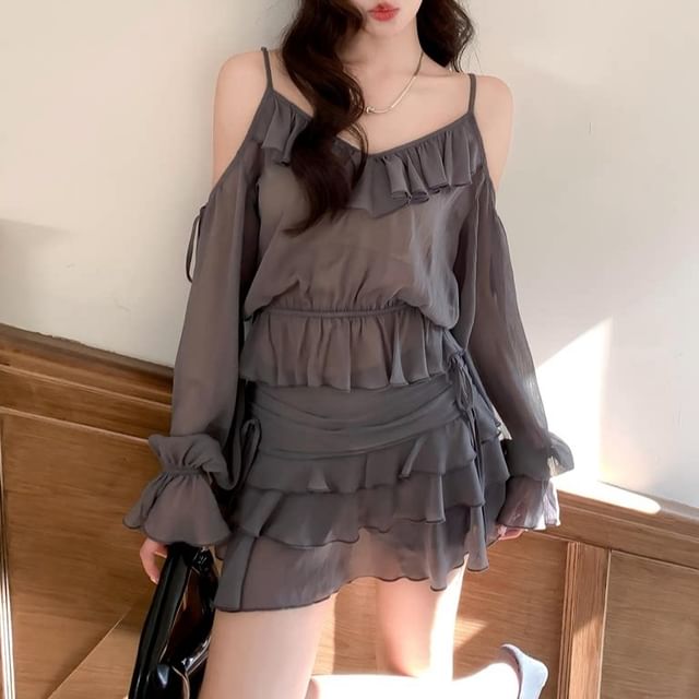 Set: Long-Sleeve V-Neck Cold Shoulder Plain Top + Mini Skirt