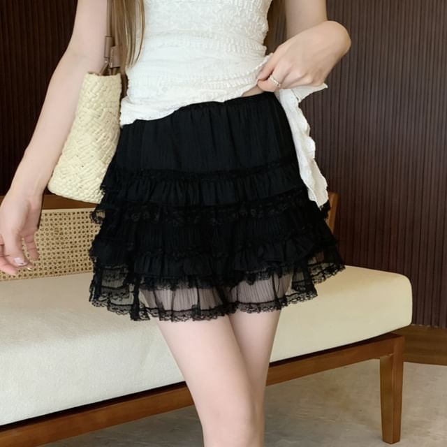 Mid Waist Lace Trim Mini Tiered Skirt