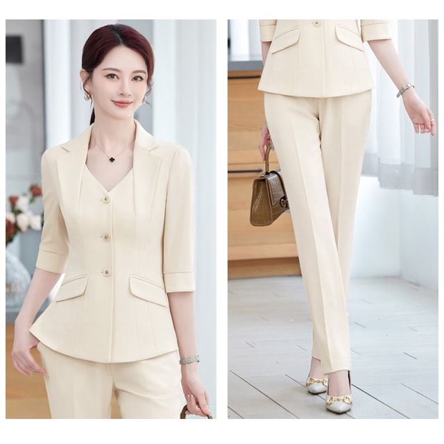3/4-Sleeve Button-Up Plain Blazer / Mini Pencil Skirt / Tapered Dress Pants / Set