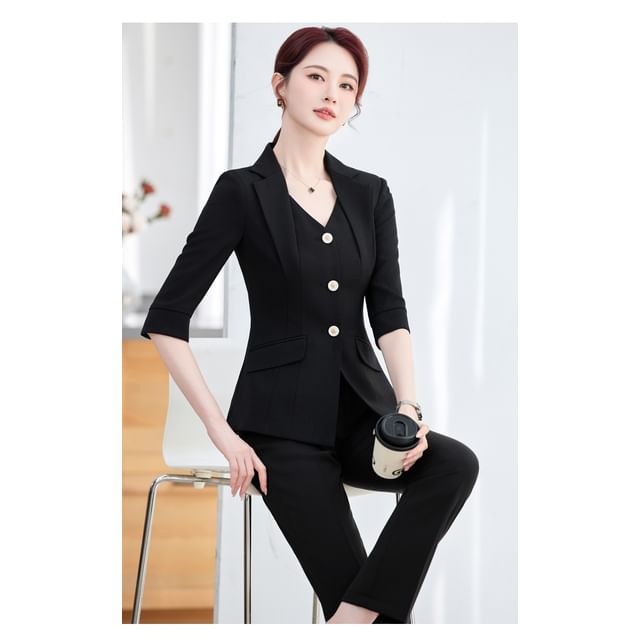 3/4-Sleeve Button-Up Plain Blazer / Mini Pencil Skirt / Tapered Dress Pants / Set