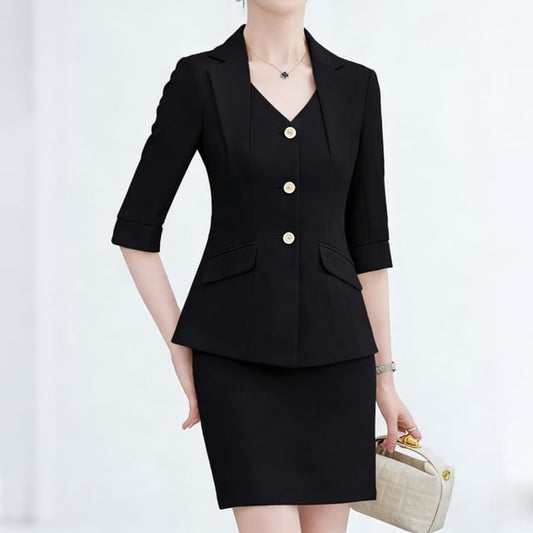 3/4-Sleeve Button-Up Plain Blazer / Mini Pencil Skirt / Tapered Dress Pants / Set