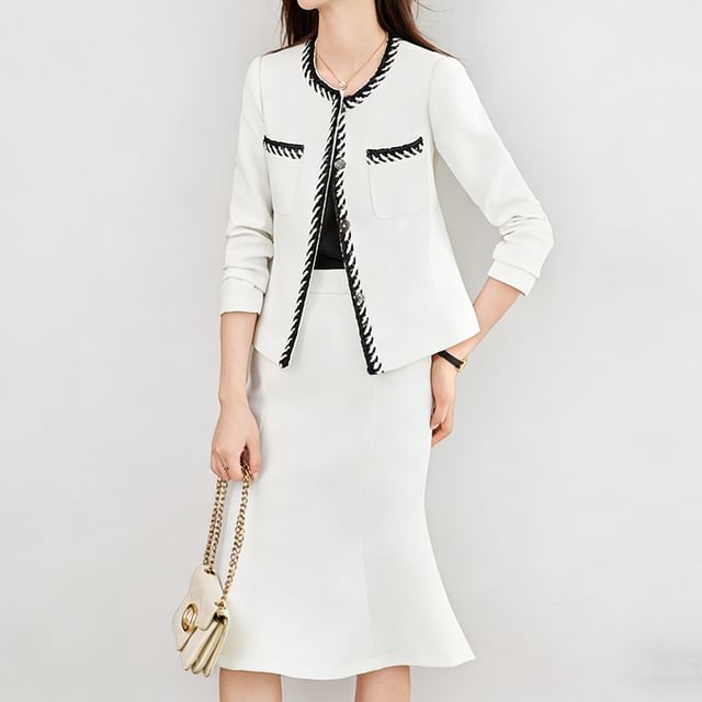 Set: Contrast Stitching Button-Up Jacket + Mid Waist Midi Mermaid Skirt