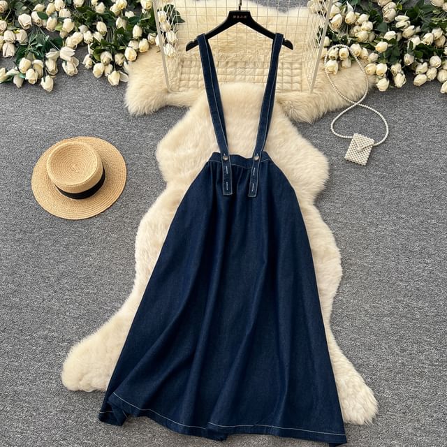 Denim Suspender Maxi A-Line Skirt