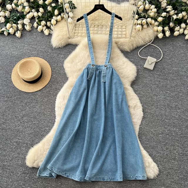 Denim Suspender Maxi A-Line Skirt