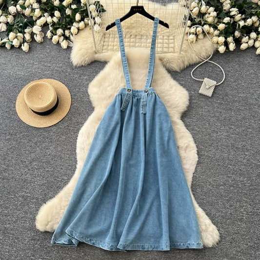 Denim Suspender Maxi A-Line Skirt