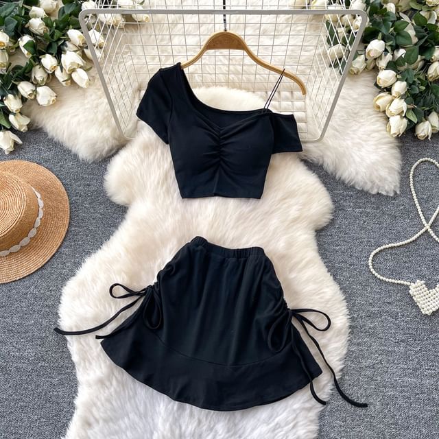 Set: Short-Sleeve Cold Shoulder Plain Ruched Crop T-Shirt + Elastic Waist Plain Mini A-Line Skirt
