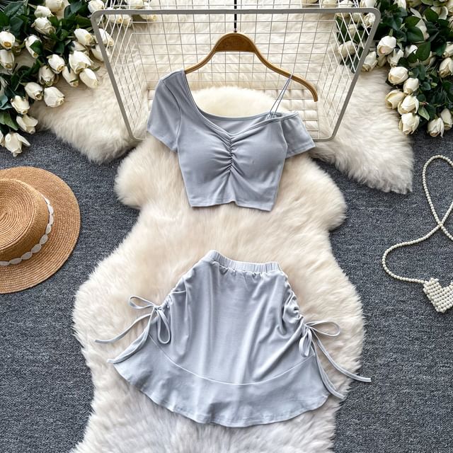 Set: Short-Sleeve Cold Shoulder Plain Ruched Crop T-Shirt + Elastic Waist Plain Mini A-Line Skirt