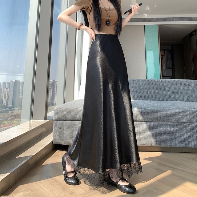 High Waist Lace Panel Satin Maxi A-Line Skirt
