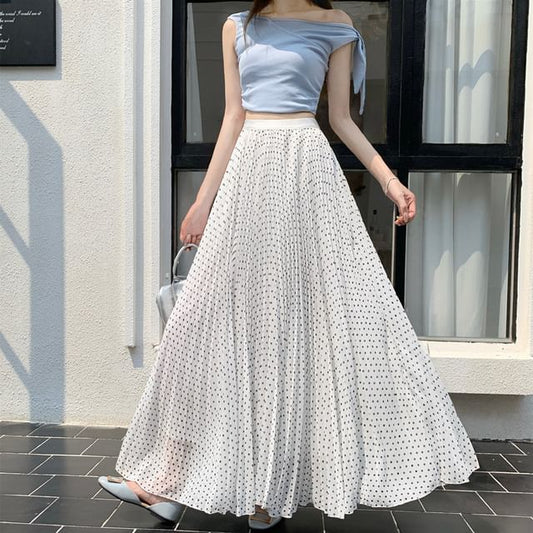 High Waist Polka Dot Accordion Pleated Maxi A-Line Skirt