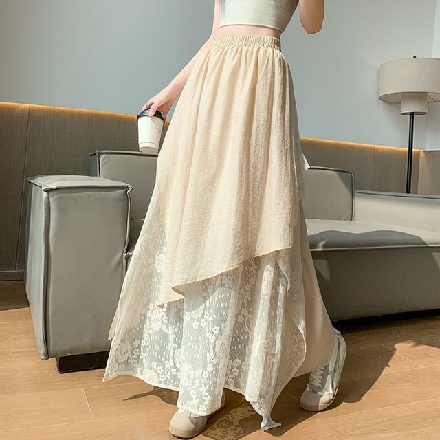 Mock Two-Piece High Waist Asymmetrical Lace Panel Maxi A-Line Skirt