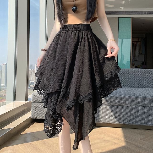 High Waist Asymmetrical Lace Panel Layered A-Line Skirt