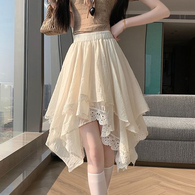 High Waist Asymmetrical Lace Panel Layered A-Line Skirt
