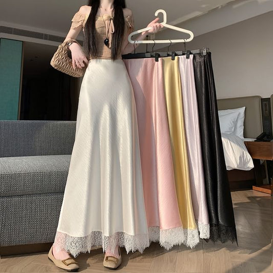 High Waist Lace Panel Satin Maxi A-Line Skirt