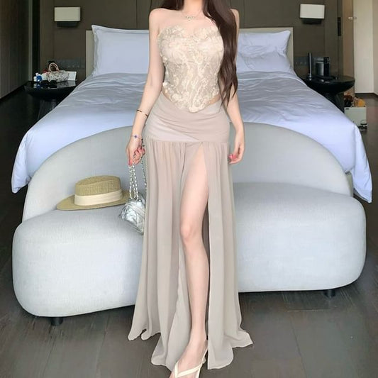 Lace Crop Tube Top / High Waist Plain Slit Maxi A-Line Skirt