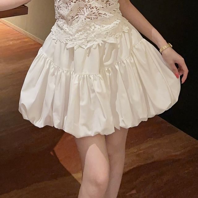 Crew Neck Cutout Lace Crop Tank Top / High Waist Plain Bubble Hem Mini A-Line Skirt