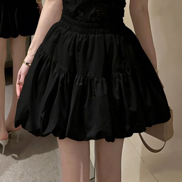 Crew Neck Cutout Lace Crop Tank Top / High Waist Plain Bubble Hem Mini A-Line Skirt