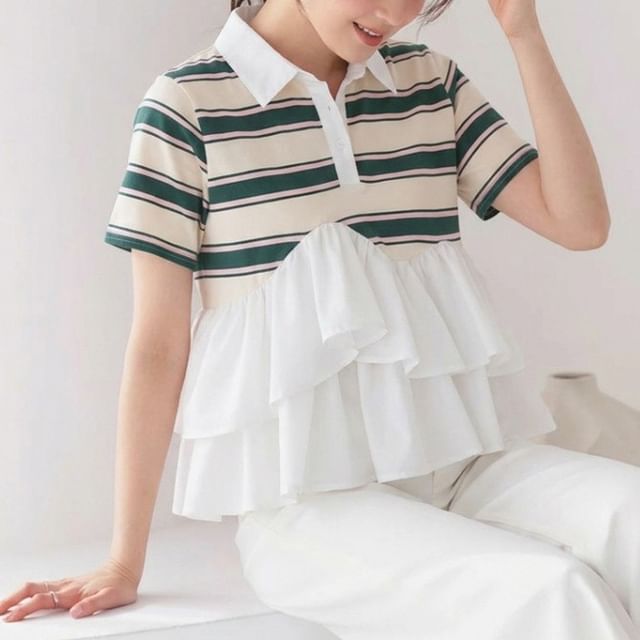 Striped Ruffle Polo Shirt -