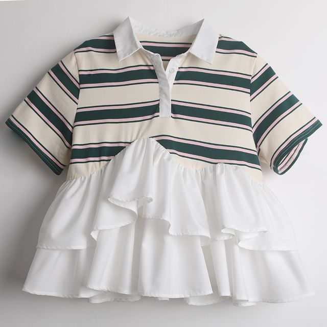 Striped Ruffle Polo Shirt -