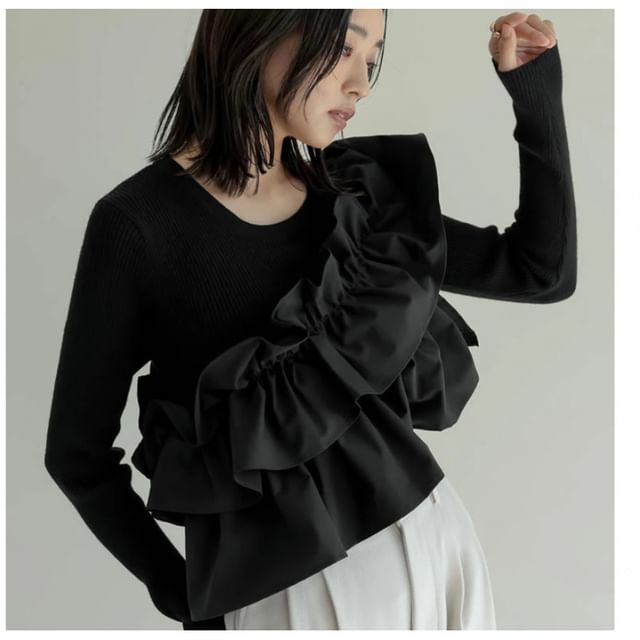 Ruffled Round Neck Long-Sleeve Knit -