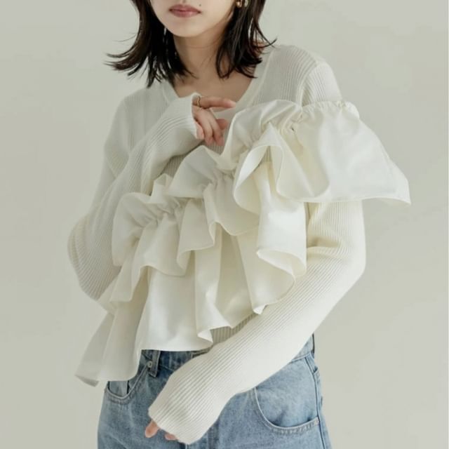 Ruffled Round Neck Long-Sleeve Knit -