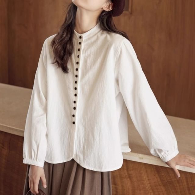 Band Collar Long-Sleeve Button Blouse -