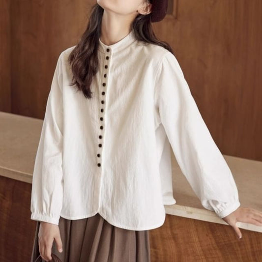 Band Collar Long-Sleeve Button Blouse -