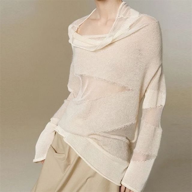 Sheer Cowl-Neck Long-Sleeve Panel Knit Top