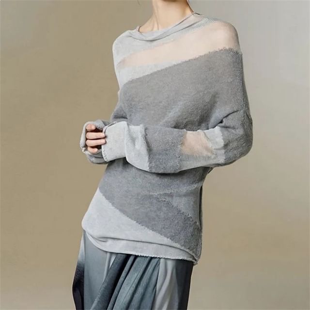 Sheer Cowl-Neck Long-Sleeve Panel Knit Top