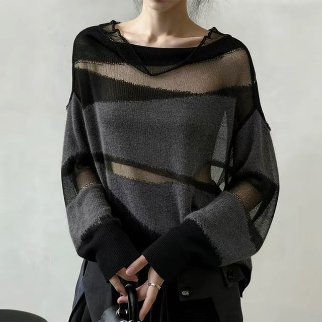 Sheer Cowl-Neck Long-Sleeve Panel Knit Top