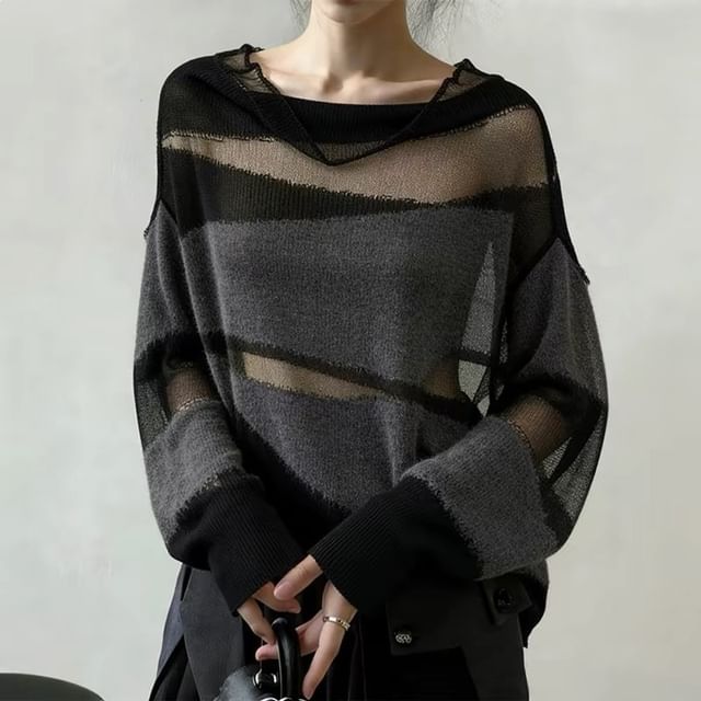 Sheer Cowl-Neck Long-Sleeve Panel Knit Top