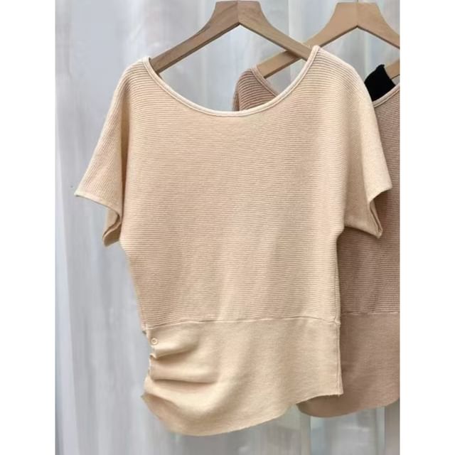 Ruched One-Shoulder Short-Sleeve Knit Top
