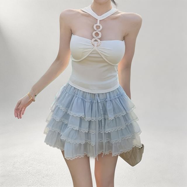 Halter Neck Plain Buckled Camisole Top / Mid Rise Mini Tiered Skirt