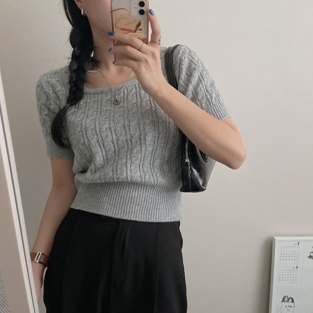 Cropped Cable-Knit Scoop Neck Tee -