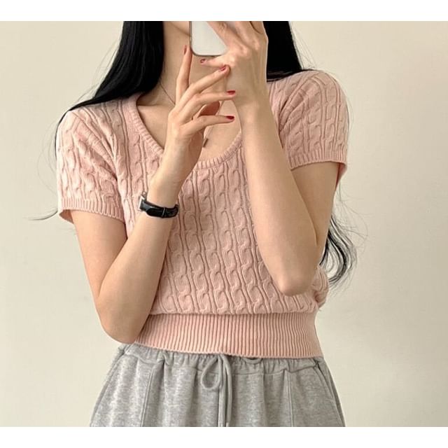 Cropped Cable-Knit Scoop Neck Tee -