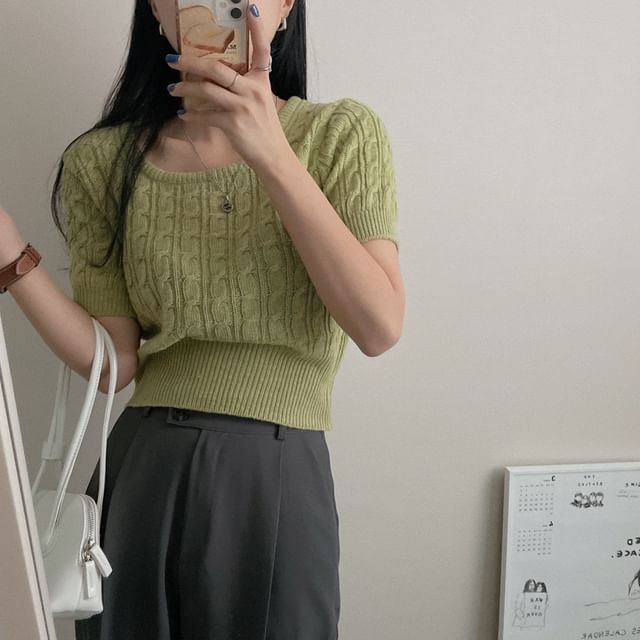Cropped Cable-Knit Scoop Neck Tee -