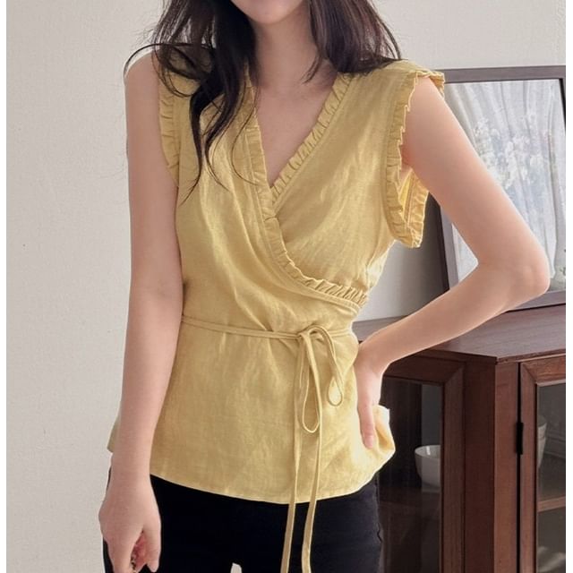 Tie-Waist Ruffled V-Neck Sleeveless Blouse -