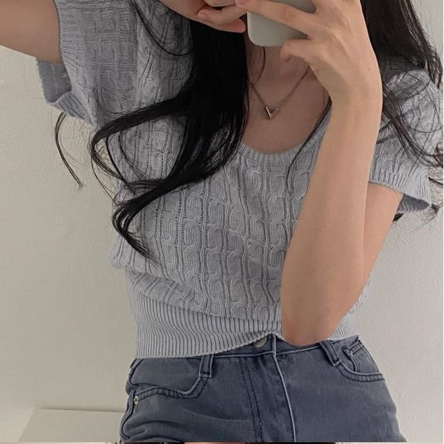 Cropped Cable-Knit Scoop Neck Tee -