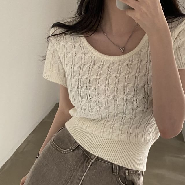 Cropped Cable-Knit Scoop Neck Tee -