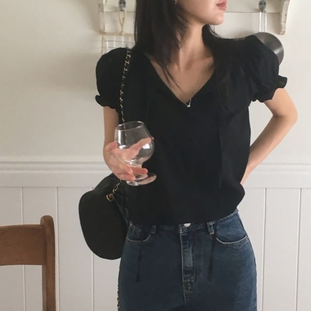 Voluminous V-Neck Striped Ruffled Blouse -