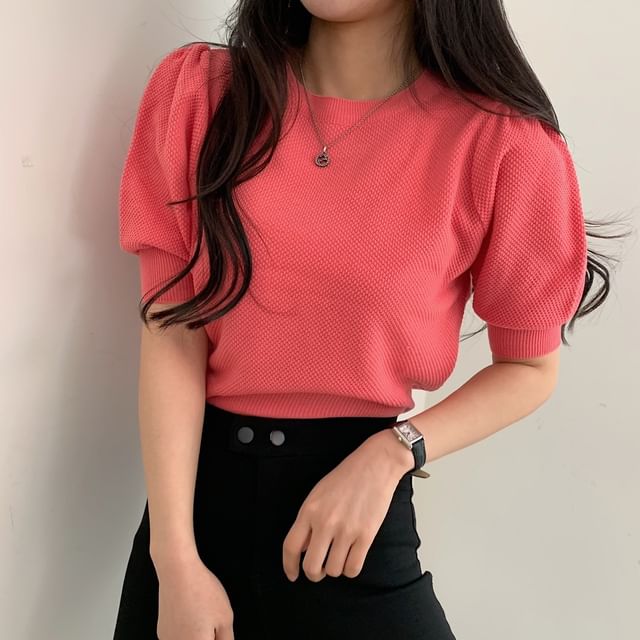 Textured Puff-Sleeve Fitted Top -